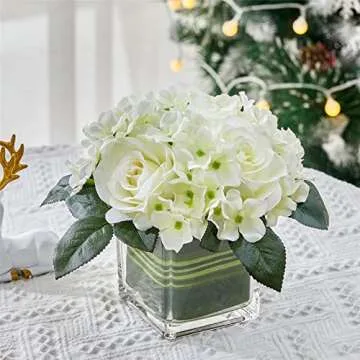 Fule Artificial Silk Rose Flower Centerpiece Arrangement in vase for Home Wedding Decoration (Spring White)
