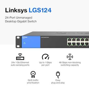 Linksys LGS124 24 Port Gigabit Unmanaged Network Switch - Home & Office Ethernet Switch Hub with Met...