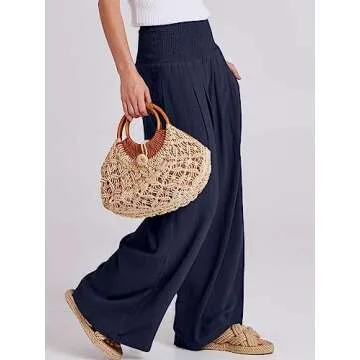 ANRABESS Women Palazzo Pants Summer Boho Wide Leg High Waist Casual Lounge Pant 2025 Beach Travel Vacation Outfits Navy Blue Medium