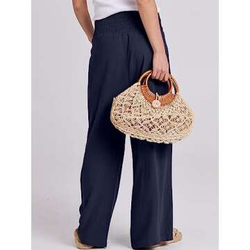 ANRABESS Women Palazzo Pants Summer Boho Wide Leg High Waist Casual Lounge Pant 2025 Beach Travel Vacation Outfits Navy Blue Medium