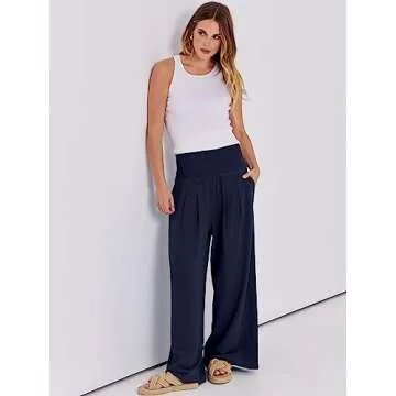ANRABESS Women Palazzo Pants Summer Boho Wide Leg High Waist Casual Lounge Pant 2025 Beach Travel Vacation Outfits Navy Blue Medium