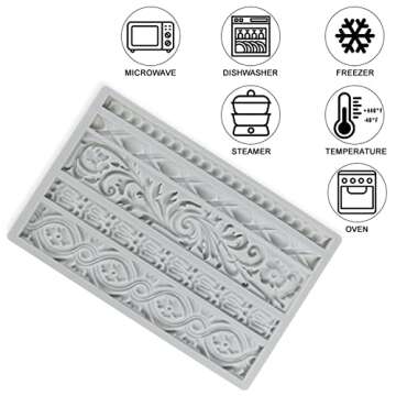 Neepanda DIY Baroque Scroll Relief Cake Border Silicone Molds, Baroque Style Curlicues Scroll Lace Fondant Silicone Mold, European Frame Cake Decorating Tools, Relief Flower Lace Mould Mat(Gray)