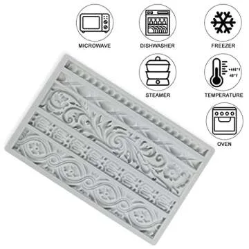 Neepanda DIY Baroque Scroll Relief Cake Border Silicone Molds, Baroque Style Curlicues Scroll Lace Fondant Silicone Mold, European Frame Cake Decorating Tools, Relief Flower Lace Mould Mat(Gray)