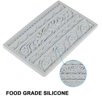 Neepanda DIY Baroque Scroll Relief Cake Border Silicone Molds, Baroque Style Curlicues Scroll Lace Fondant Silicone Mold, European Frame Cake Decorating Tools, Relief Flower Lace Mould Mat(Gray)