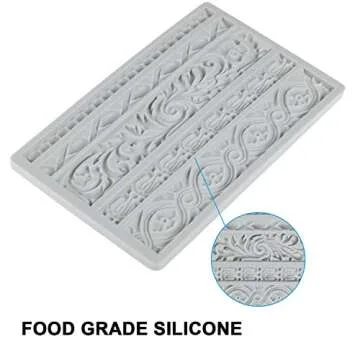 Neepanda DIY Baroque Scroll Relief Cake Border Silicone Molds, Baroque Style Curlicues Scroll Lace Fondant Silicone Mold, European Frame Cake Decorating Tools, Relief Flower Lace Mould Mat(Gray)