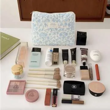 SoGhhd Floral Quilted Makeup Bag Set for Women Aesthetic Travel Large Cute Cosmetic Toiletry Pouch Lightweight Cotton Tote Purse Organizer Insert Valentines_Gifts for Her, c01 (3PCS#01Blue Flower)