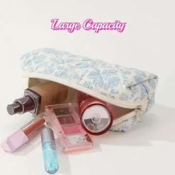 SoGhhd Floral Quilted Makeup Bag Set for Women Aesthetic Travel Large Cute Cosmetic Toiletry Pouch Lightweight Cotton Tote Purse Organizer Insert Valentines_Gifts for Her, c01 (3PCS#01Blue Flower)
