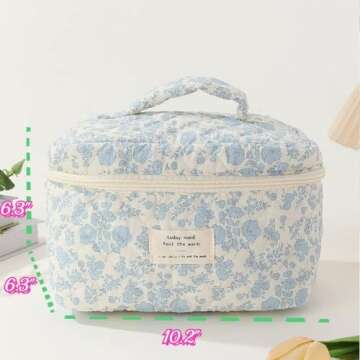 SoGhhd Floral Quilted Makeup Bag Set for Women Aesthetic Travel Large Cute Cosmetic Toiletry Pouch Lightweight Cotton Tote Purse Organizer Insert Valentines_Gifts for Her, c01 (3PCS#01Blue Flower)
