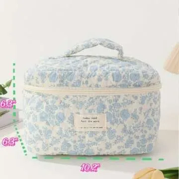 SoGhhd Floral Quilted Makeup Bag Set for Women Aesthetic Travel Large Cute Cosmetic Toiletry Pouch Lightweight Cotton Tote Purse Organizer Insert Valentines_Gifts for Her, c01 (3PCS#01Blue Flower)