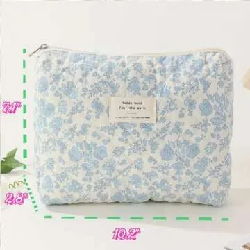 SoGhhd Floral Quilted Makeup Bag Set for Women Aesthetic Travel Large Cute Cosmetic Toiletry Pouch Lightweight Cotton Tote Purse Organizer Insert Valentines_Gifts for Her, c01 (3PCS#01Blue Flower)