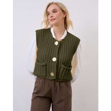Women Crochet Knit Sweater Vest Button Up Cropped Casual Sleeveless Vest Fashion Vintage Cardigan with Pocket ArmyGreen