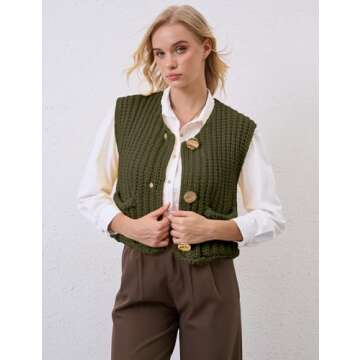 Women Crochet Knit Sweater Vest Button Up Cropped Casual Sleeveless Vest Fashion Vintage Cardigan with Pocket ArmyGreen
