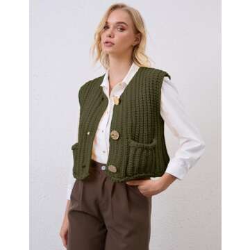 Women Crochet Knit Sweater Vest Button Up Cropped Casual Sleeveless Vest Fashion Vintage Cardigan with Pocket ArmyGreen