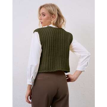 Women Crochet Knit Sweater Vest Button Up Cropped Casual Sleeveless Vest Fashion Vintage Cardigan with Pocket ArmyGreen