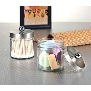 SheeChung Bathroom Organizers and Storage - 2Pack Qtip Holders Bathroom Canister Apothecary Jars for Cotton Swabs, Rounds, Balls, Qtips,Makeup Sponges, Flossers,Bath Salts - Brushed Nickel