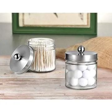 SheeChung Bathroom Organizers and Storage - 2Pack Qtip Holders Bathroom Canister Apothecary Jars for Cotton Swabs, Rounds, Balls, Qtips,Makeup Sponges, Flossers,Bath Salts - Brushed Nickel