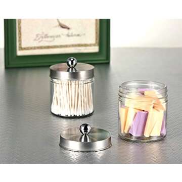 SheeChung Bathroom Organizers and Storage - 2Pack Qtip Holders Bathroom Canister Apothecary Jars for Cotton Swabs, Rounds, Balls, Qtips,Makeup Sponges, Flossers,Bath Salts - Brushed Nickel