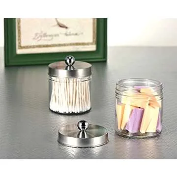 SheeChung Bathroom Organizers and Storage - 2Pack Qtip Holders Bathroom Canister Apothecary Jars for Cotton Swabs, Rounds, Balls, Qtips,Makeup Sponges, Flossers,Bath Salts - Brushed Nickel