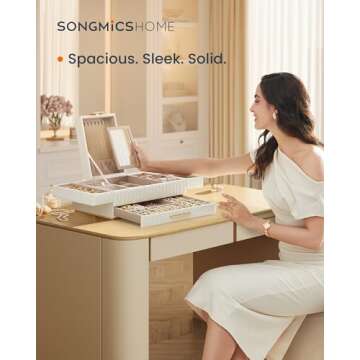 SONGMICS HOME Large Capacity Jewelry Box with Mirror, Jewelry Organizer with a Drawer, PU Surface with Stitching, 10.6 x 15 x 6.3 Inches, Cloud White, ANAH Collection ​UJBC184W01