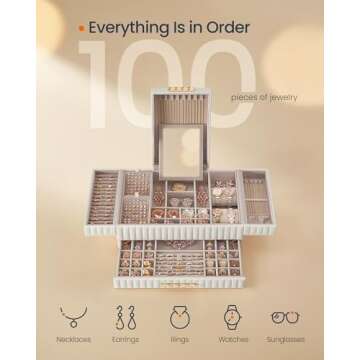 SONGMICS HOME Large Capacity Jewelry Box with Mirror, Jewelry Organizer with a Drawer, PU Surface with Stitching, 10.6 x 15 x 6.3 Inches, Cloud White, ANAH Collection ​UJBC184W01