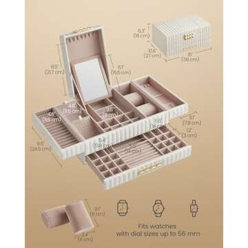 SONGMICS HOME Large Capacity Jewelry Box with Mirror, Jewelry Organizer with a Drawer, PU Surface with Stitching, 10.6 x 15 x 6.3 Inches, Cloud White, ANAH Collection ​UJBC184W01