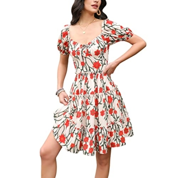 Byinns Women's Sweetheart Neckline Mini Dress Puff Short Sleeve Ruffle Tiered Smocked Floral A-Line ...