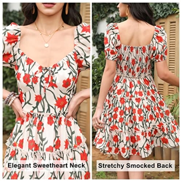 Byinns Women's Sweetheart Neckline Mini Dress Puff Short Sleeve Ruffle Tiered Smocked Floral A-Line Drawstring Short Dress