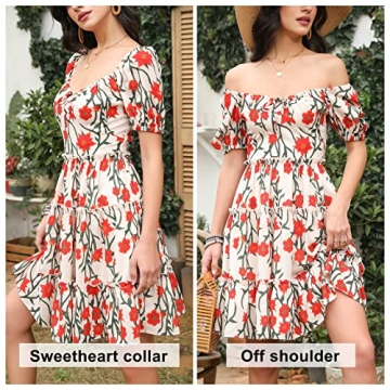 Byinns Women's Sweetheart Neckline Mini Dress Puff Short Sleeve Ruffle Tiered Smocked Floral A-Line Drawstring Short Dress