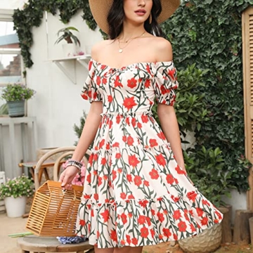 Byinns Women's Sweetheart Neckline Mini Dress Puff Short Sleeve Ruffle Tiered Smocked Floral A-Line Drawstring Short Dress