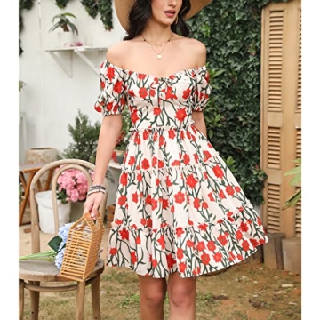 Byinns Women's Sweetheart Neckline Mini Dress Puff Short Sleeve Ruffle Tiered Smocked Floral A-Line Drawstring Short Dress