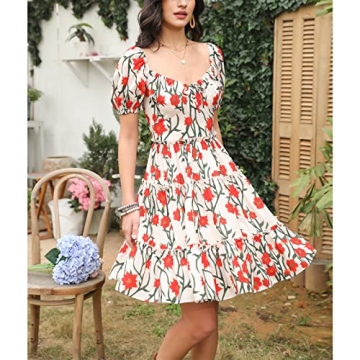 Byinns Women's Sweetheart Neckline Mini Dress Puff Short Sleeve Ruffle Tiered Smocked Floral A-Line Drawstring Short Dress