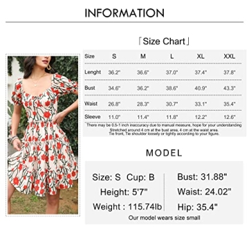 Byinns Women's Sweetheart Neckline Mini Dress Puff Short Sleeve Ruffle Tiered Smocked Floral A-Line Drawstring Short Dress