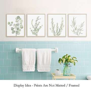 Howwii Botanical Boho Bathroom Decor Wall Art Prints, UNFRAMED Sage Green Plants Decor for Bedroom|Office, Minimalist Eucalyptus Leaves Watercolor Art Prints, Set of 4 Pictures, 8"x10" No Frames