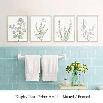 Howwii Botanical Boho Bathroom Decor Wall Art Prints, UNFRAMED Sage Green Plants Decor for Bedroom|Office, Minimalist Eucalyptus Leaves Watercolor Art Prints, Set of 4 Pictures, 8"x10" No Frames