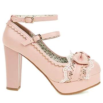 Parisuit Women's Chunky High Heel Platform Dress Shoes Mary Jane Ankle Strap Pumps with Bow-Pink Size 6