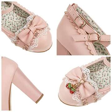 Parisuit Women's Chunky High Heel Platform Dress Shoes Mary Jane Ankle Strap Pumps with Bow-Pink Size 6