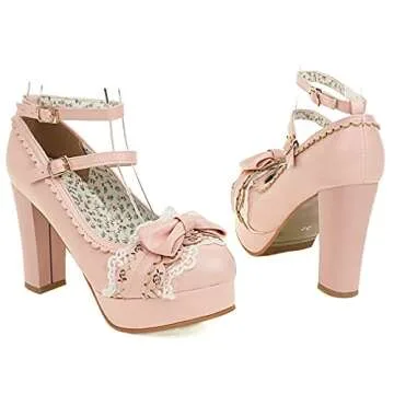 Parisuit Chunky High Heels Mary Jane Dress Pumps with Bow