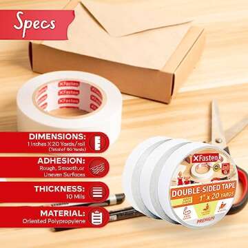 XFasten Double Sided Tape, Removable, 1-Inch by 20-Yard (Pack of 3) Ideal as a Gift Wrap Tape, Holding Carpets, and Woodworking