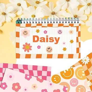 JOINFANXIN Boho Daisy Face Checkered Gift Scrapbook Paper Pad - 24 Pcs Retro Groovy Checkered Decorative Craft Double-Sided Decopodge Cardstock for DIY Decorations & Cardmaking