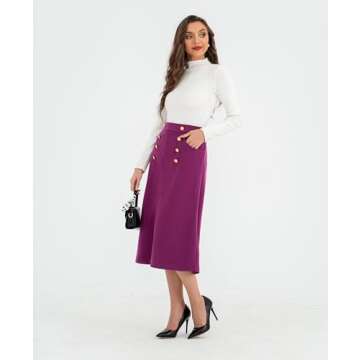 Belle Poque Women Knee Length Skirts with Pockets Vintage Business Casual Office Work Skirt for Fall Winter Purple L