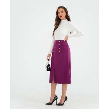 Belle Poque Women Knee Length Skirts with Pockets Vintage Business Casual Office Work Skirt for Fall Winter Purple L