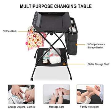 JOYMOR 2-in-1 Folding Baby Changing Table, Moblie Diaper Table for Infant, Portable Diaper Changing Station with Wheels, Large Storage Basket ＆ Shelf Portable Nursery Organizer