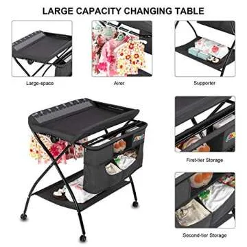 JOYMOR 2-in-1 Folding Baby Changing Table, Moblie Diaper Table for Infant, Portable Diaper Changing Station with Wheels, Large Storage Basket ＆ Shelf Portable Nursery Organizer