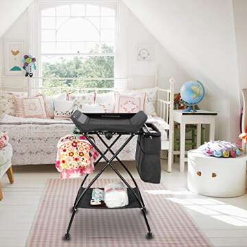 JOYMOR 2-in-1 Folding Baby Changing Table, Moblie Diaper Table for Infant, Portable Diaper Changing Station with Wheels, Large Storage Basket ＆ Shelf Portable Nursery Organizer