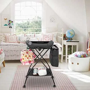 JOYMOR 2-in-1 Folding Baby Changing Table, Moblie Diaper Table for Infant, Portable Diaper Changing Station with Wheels, Large Storage Basket ＆ Shelf Portable Nursery Organizer