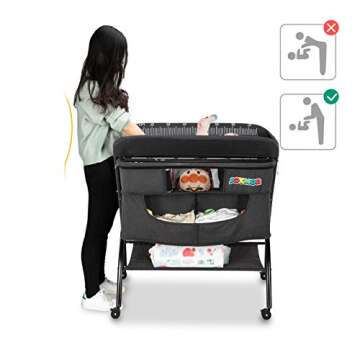 JOYMOR 2-in-1 Folding Baby Changing Table, Moblie Diaper Table for Infant, Portable Diaper Changing Station with Wheels, Large Storage Basket ＆ Shelf Portable Nursery Organizer