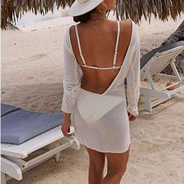 Sdencin See Through Thin Knitted Beachwear Sheer Mini Dress,Sexy Solid Backless Bikini Cover Up Long Sleeve Short Dress White