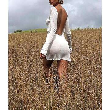 Sdencin See Through Thin Knitted Beachwear Sheer Mini Dress,Sexy Solid Backless Bikini Cover Up Long Sleeve Short Dress White
