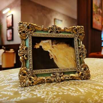 CISOO 2.5x3.5 Vintage Small Picture Frame, Antique Ornate Green and Gold Wallet Size Photo Frame, for Table Top and Wall Display, Decorative Floral Design Retro Home Decor, Photo Gallery Art