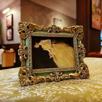 CISOO 2.5x3.5 Vintage Small Picture Frame, Antique Ornate Green and Gold Wallet Size Photo Frame, for Table Top and Wall Display, Decorative Floral Design Retro Home Decor, Photo Gallery Art